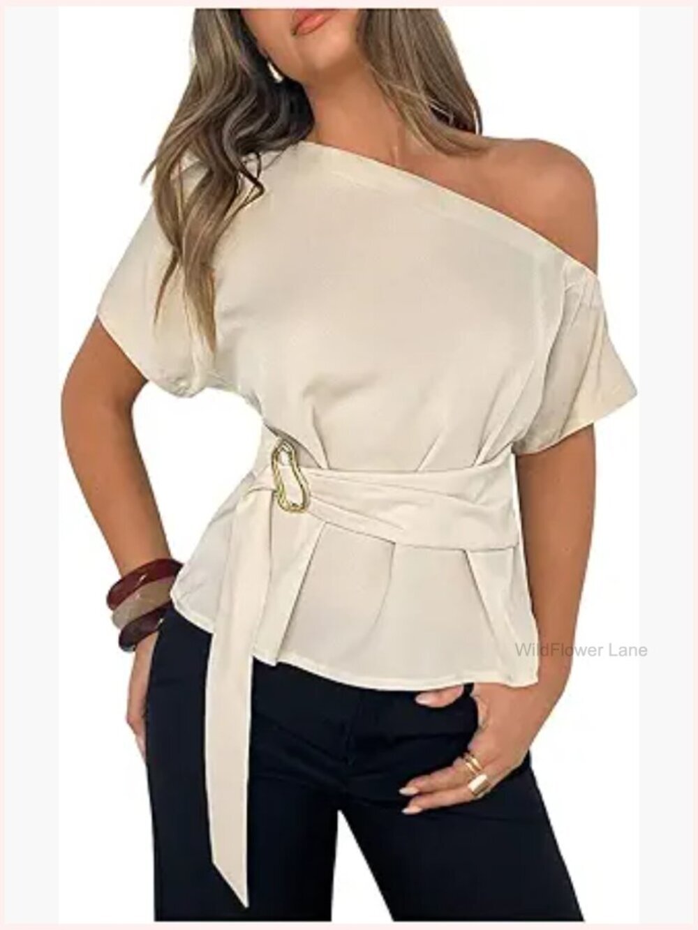 Off Shoulder Blouse with Belt Dolman Sleeve Work Top